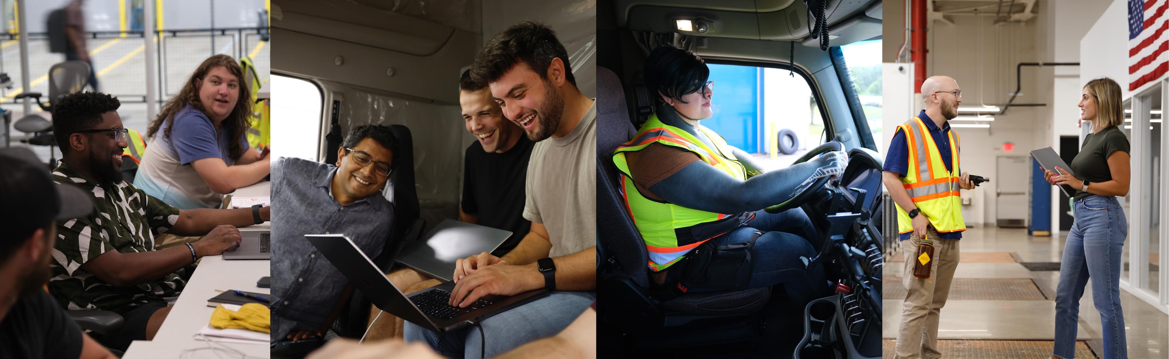 Collage of diverse Stack AV employees enjoying working together on trucks and in the office